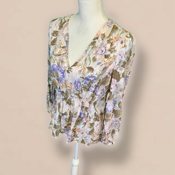 Rebecca Taylor ‘Penelope’ Purple Floral Print Top with Gathered Waist Size 4 - Picture 8 of 16